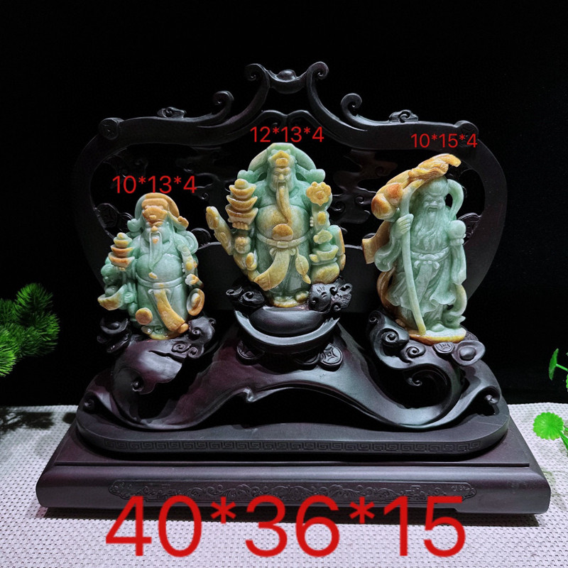 何周珠宝缅甸天然a货玉石翡翠 精雕老坑黄加绿福禄寿 三星摆件