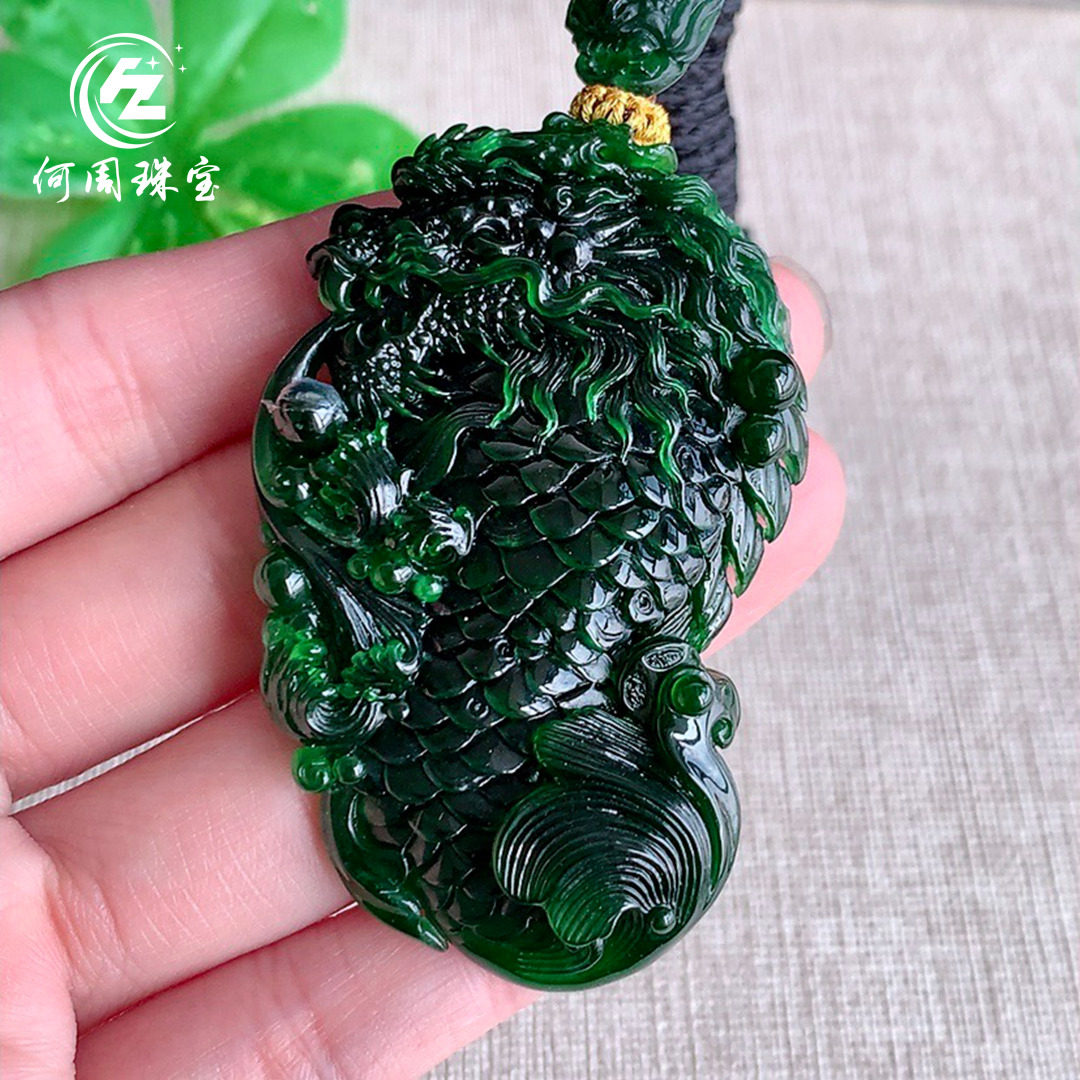 何周珠宝 缅甸天然A货翡翠玉石孤品 老坑冰种满绿鱼化龙挂件吊坠