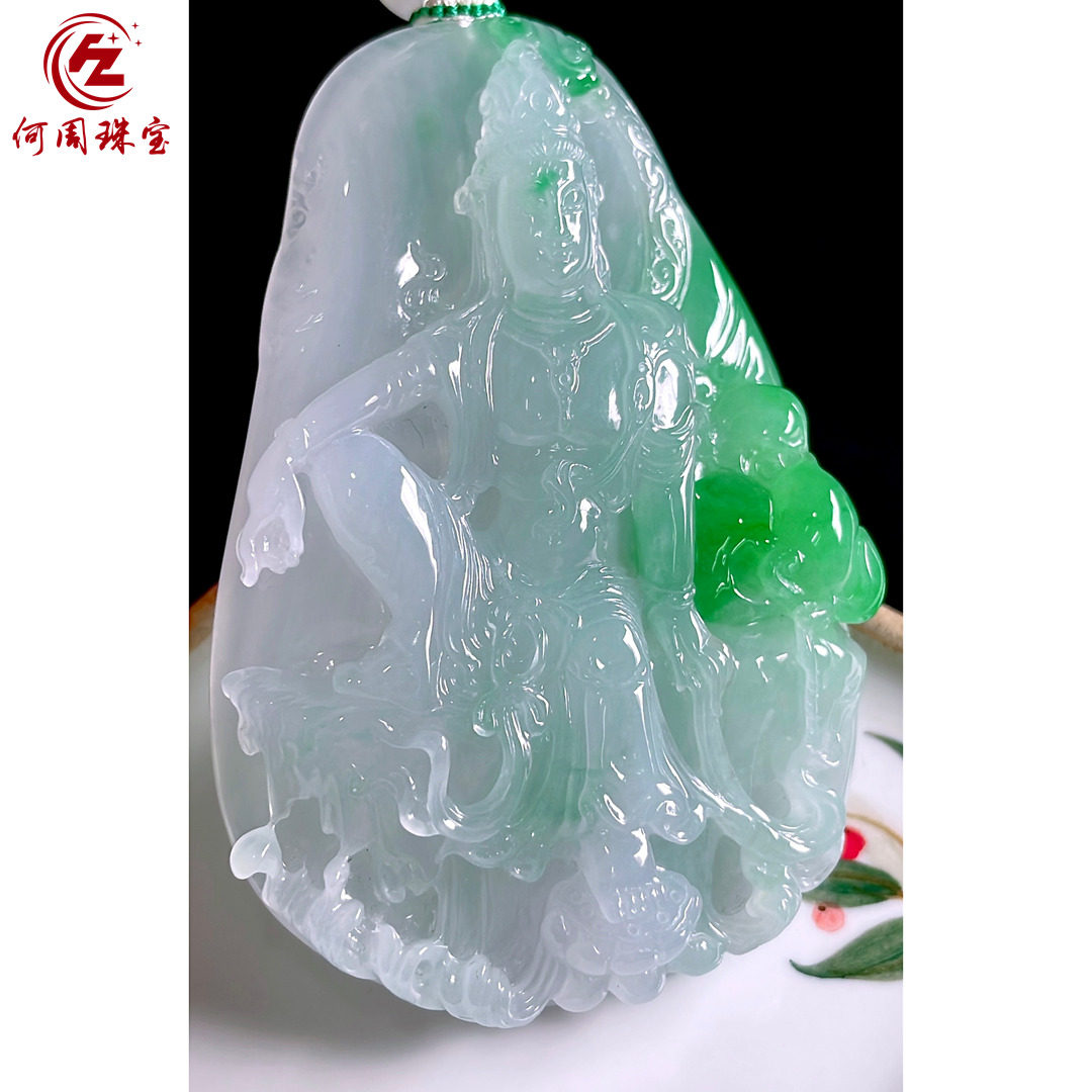 何周珠宝 缅甸天然A货翡翠玉石孤品 老坑冰种飘阳绿水月观音吊坠