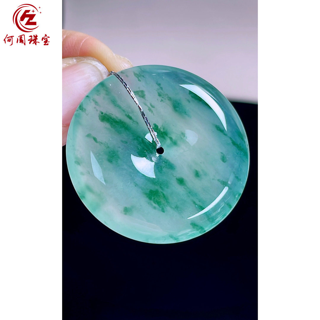 何周珠宝 缅甸天然A货翡翠玉石孤品 老坑高冰种飘花平安扣吊坠