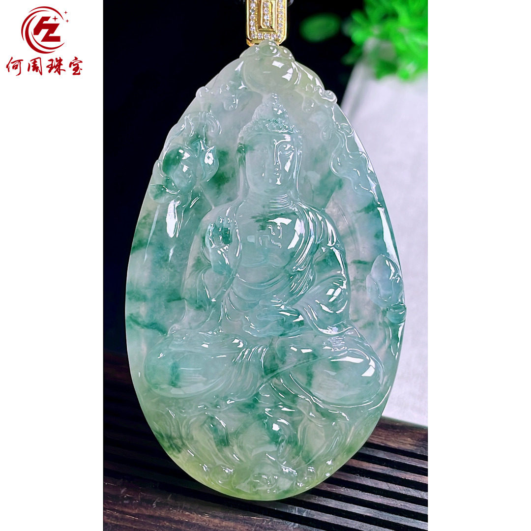 何周珠宝 缅甸天然A货翡翠玉石孤品 老坑冰种飘花大日如来吊坠