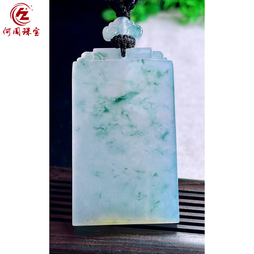 何周珠宝 缅甸天然A货翡翠玉石孤品 老坑冰种双彩飘花无事牌吊坠