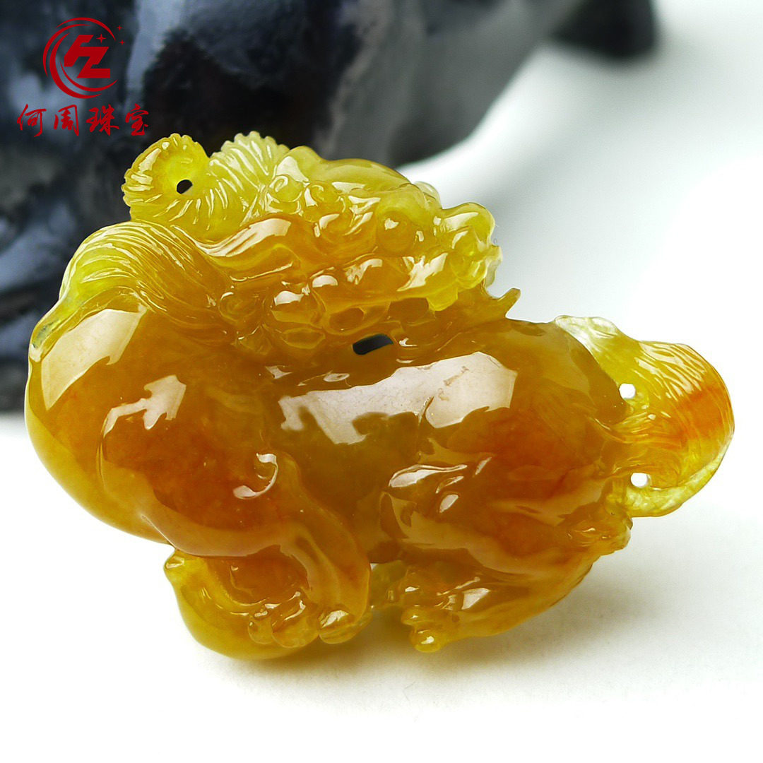 何周珠宝 缅甸天然A货翡翠玉石孤品 老坑冰种黄翡麒麟挂件吊坠