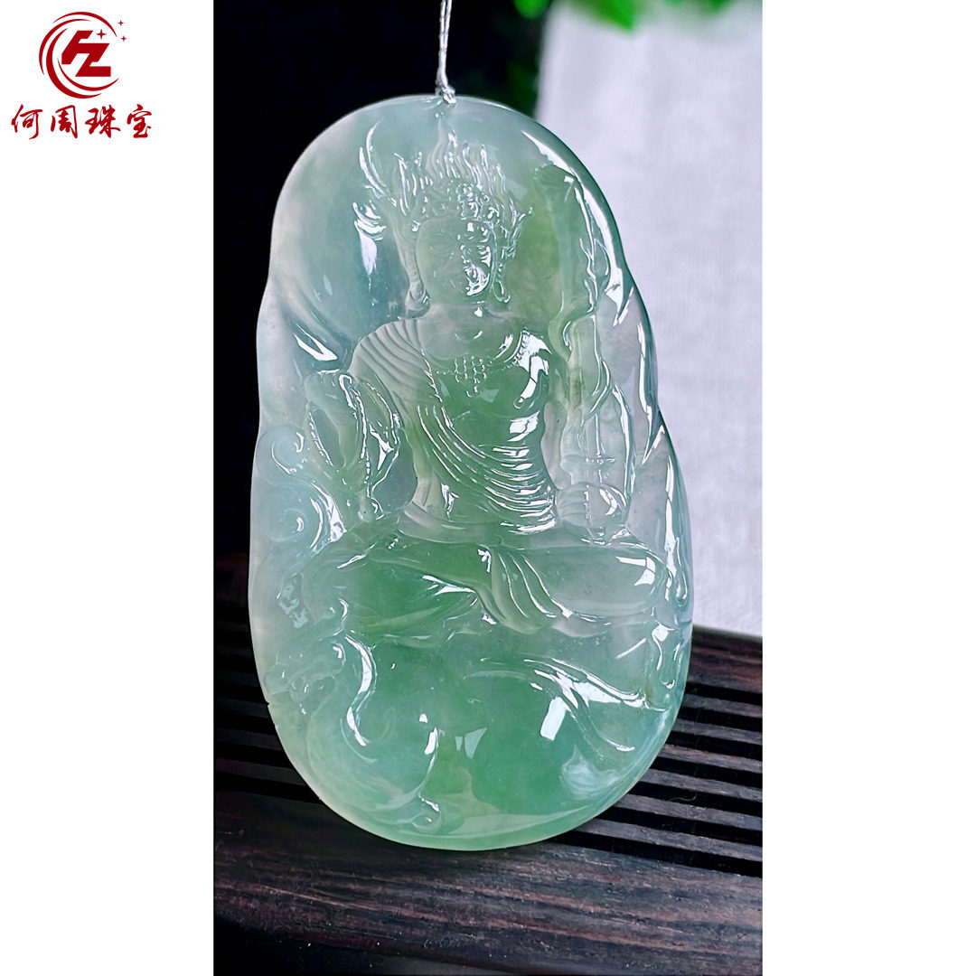 何周珠宝 缅甸天然A货翡翠玉石孤品 老坑冰种晴绿不动明王吊坠