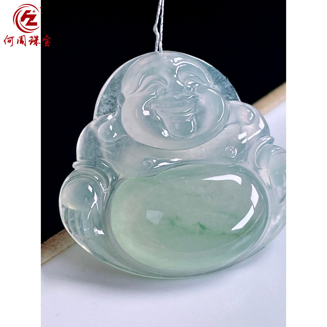 何周珠宝 缅甸天然A货翡翠玉石孤品 老坑冰种飘花佛公挂件吊坠