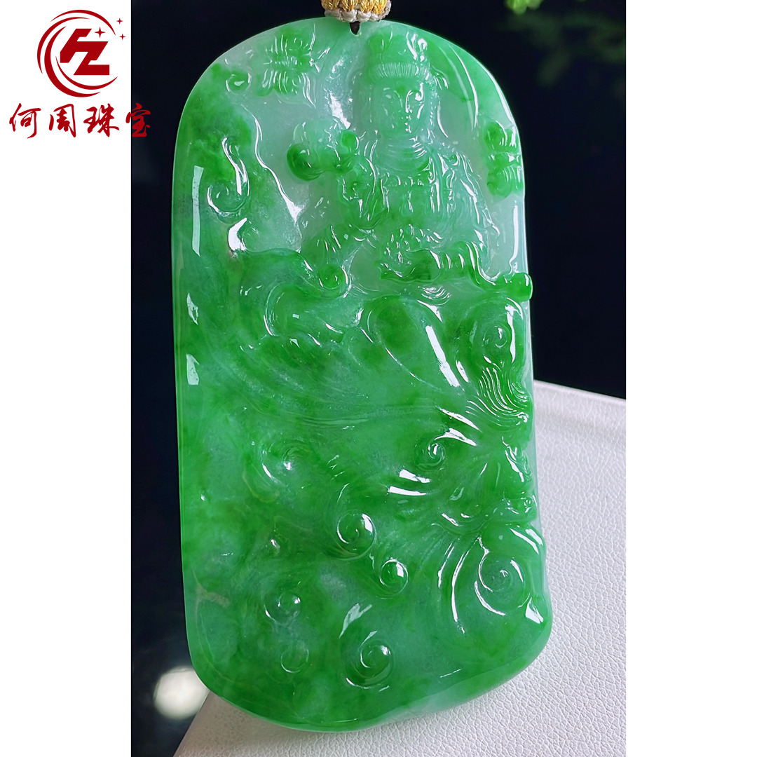 何周珠宝 缅甸天然A货翡翠玉石孤品 老坑冰种阳绿祥凤观音吊坠