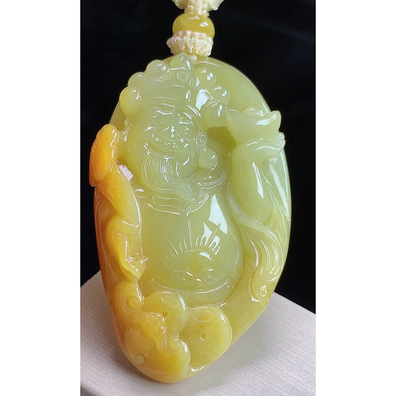何周珠宝缅甸天然a货翡翠孤品 老坑冰种黄翡财神吊坠挂件