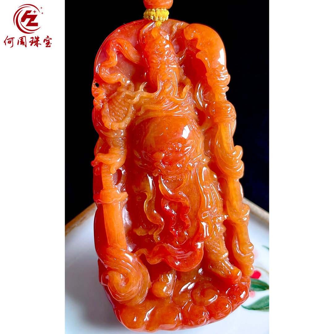 何周珠宝 缅甸天然A货翡翠玉石孤品 老坑冰种红翡关公挂件吊坠