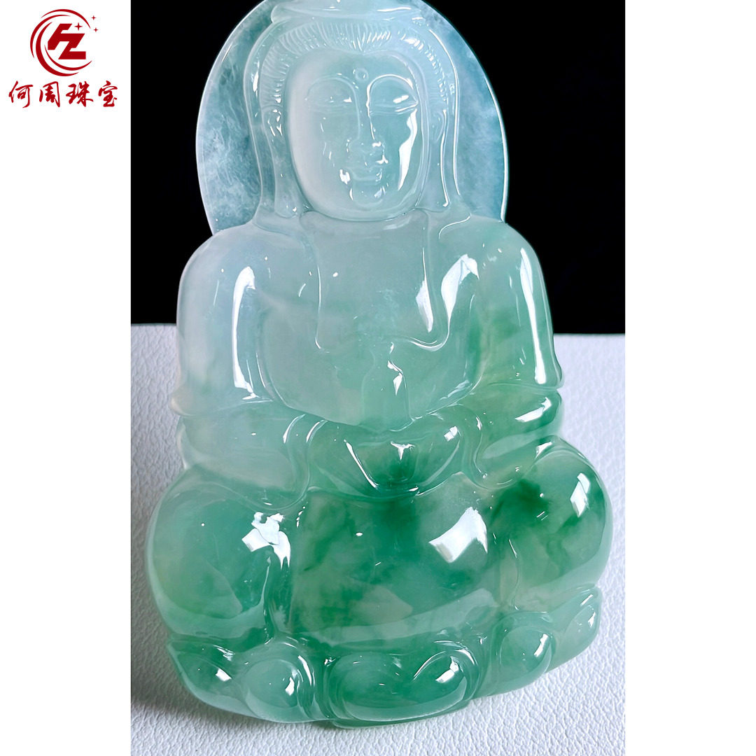 何周珠宝 缅甸天然A货翡翠孤品 老坑冰种飘花大件正装观音吊坠