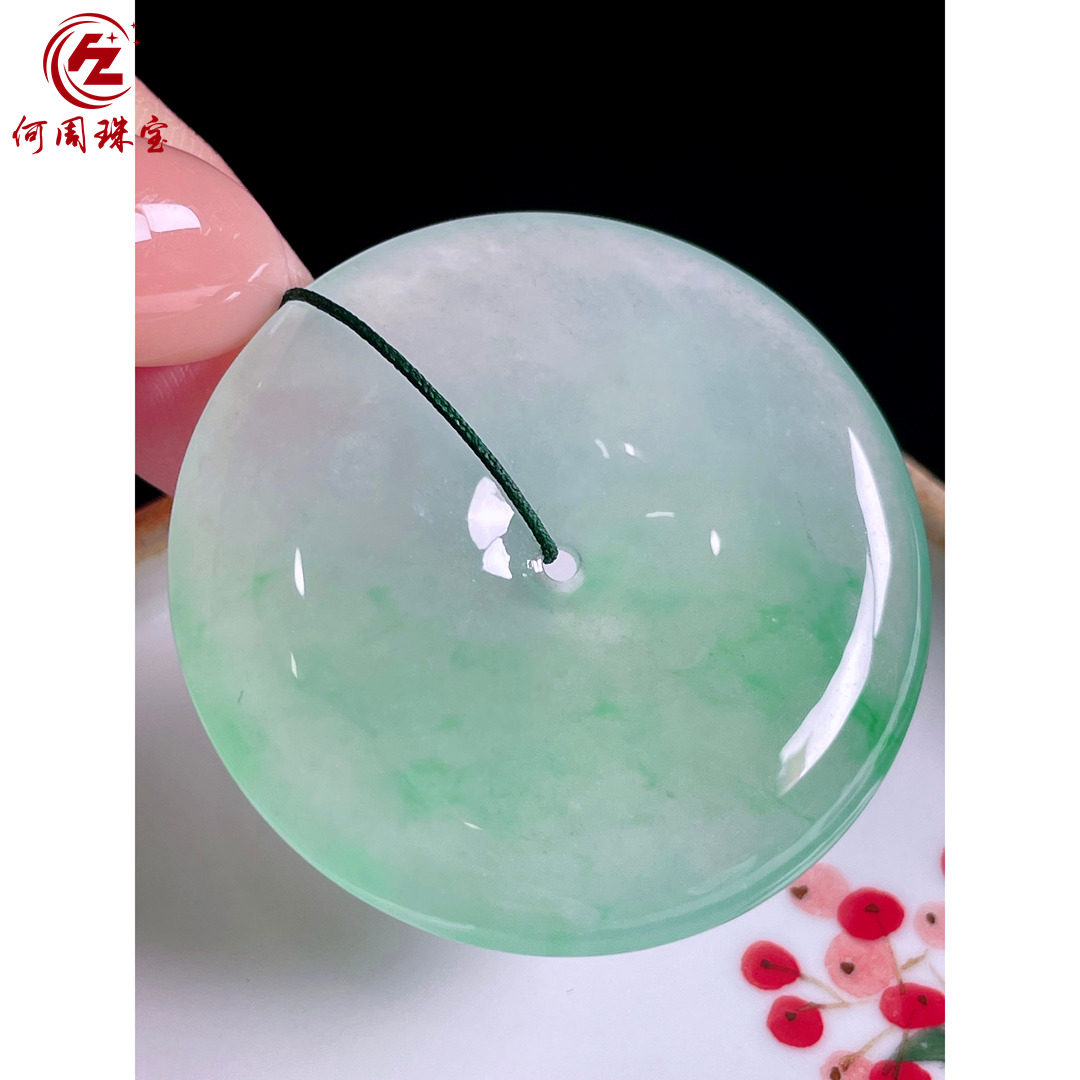 何周珠宝 缅甸天然A货翡翠玉石孤品 老坑冰种飘绿平安扣挂件吊坠
