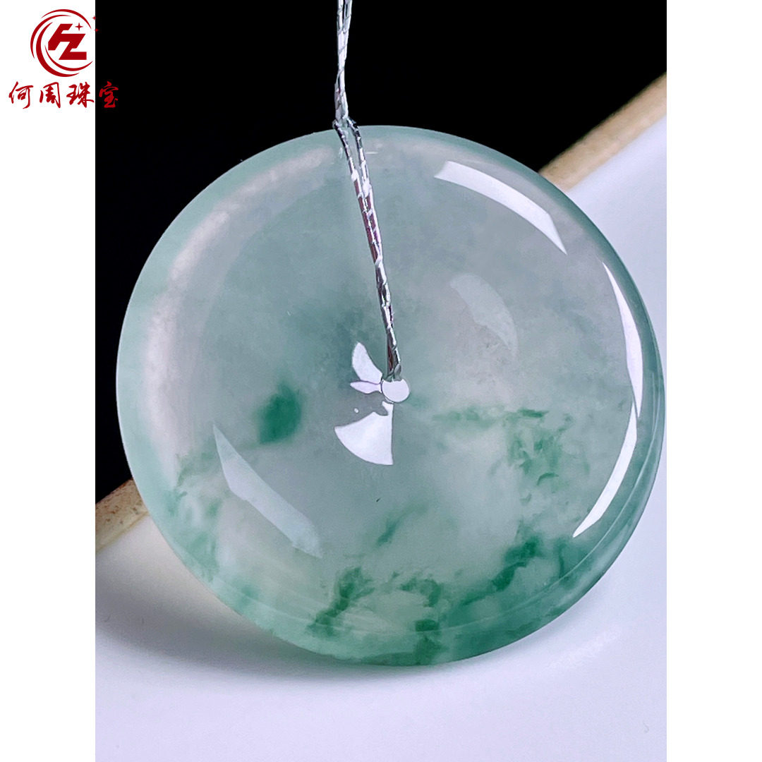 何周珠宝 缅甸天然A货翡翠玉石孤品 老坑高冰种飘花平安扣吊坠