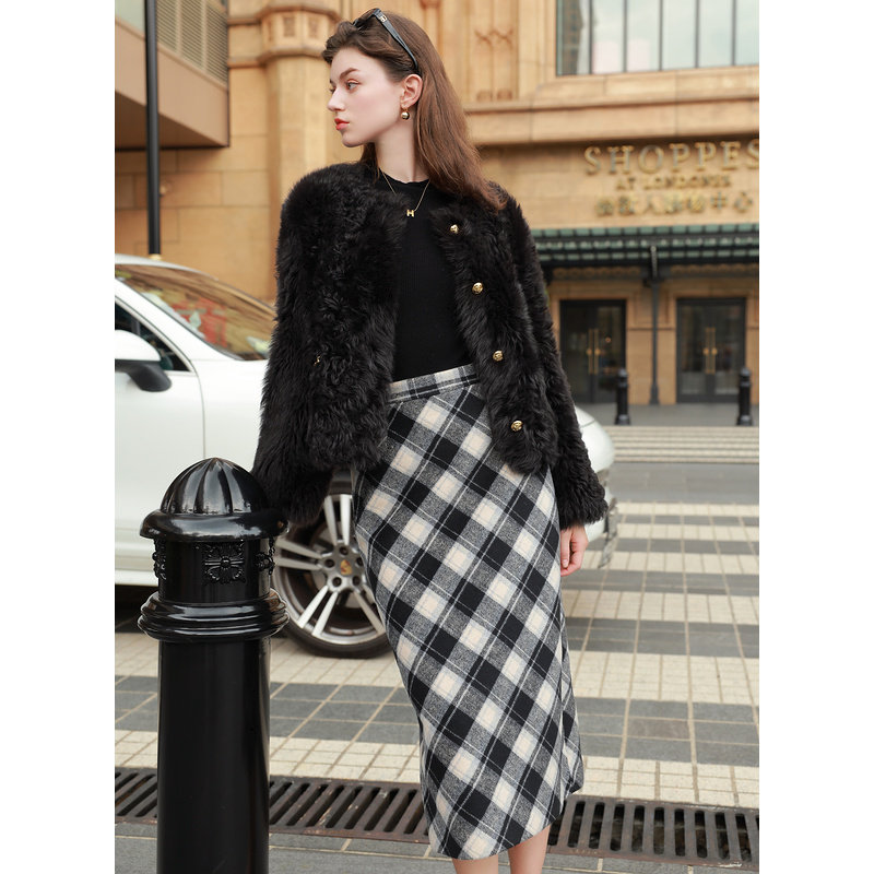 三彩2023冬季新款格纹毛呢半身裙高腰中长开叉直筒裙女