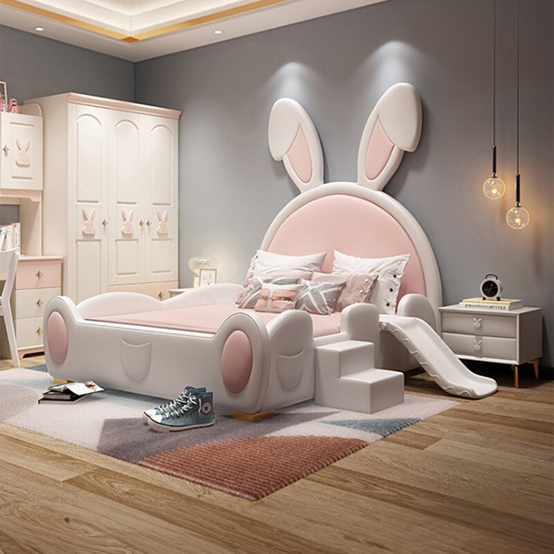儿童床兔子护栏床女孩粉色公主床女童床实木单人床加宽拼接宝宝床