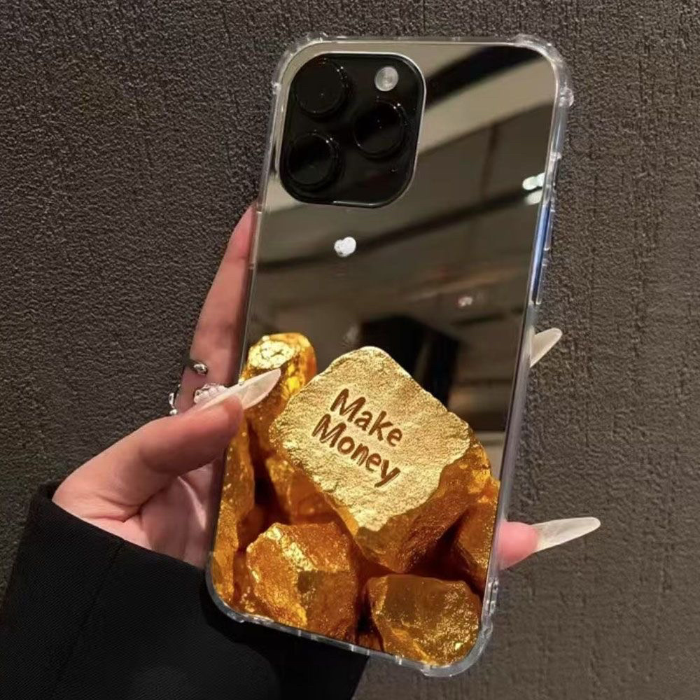 发财黄金石块iPhone15镜面16promax适用11苹果12手机壳13男女潮款14新款16小众15pro全包防摔xr简约风保护套