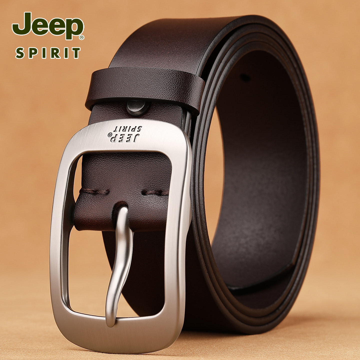 Jeep吉普男士复古真皮针扣腰带