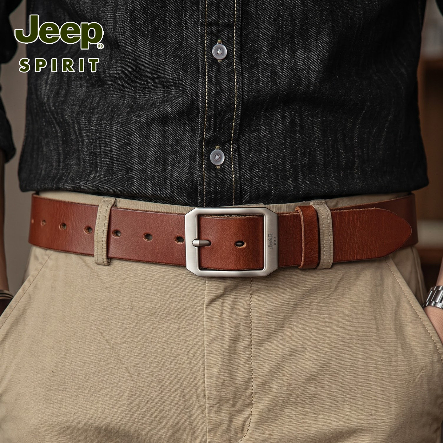 JEEP男士头层牛皮针扣复古腰带