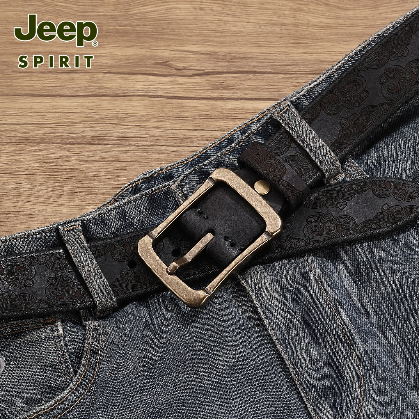 JEEP男士复古真皮针扣牛仔裤带