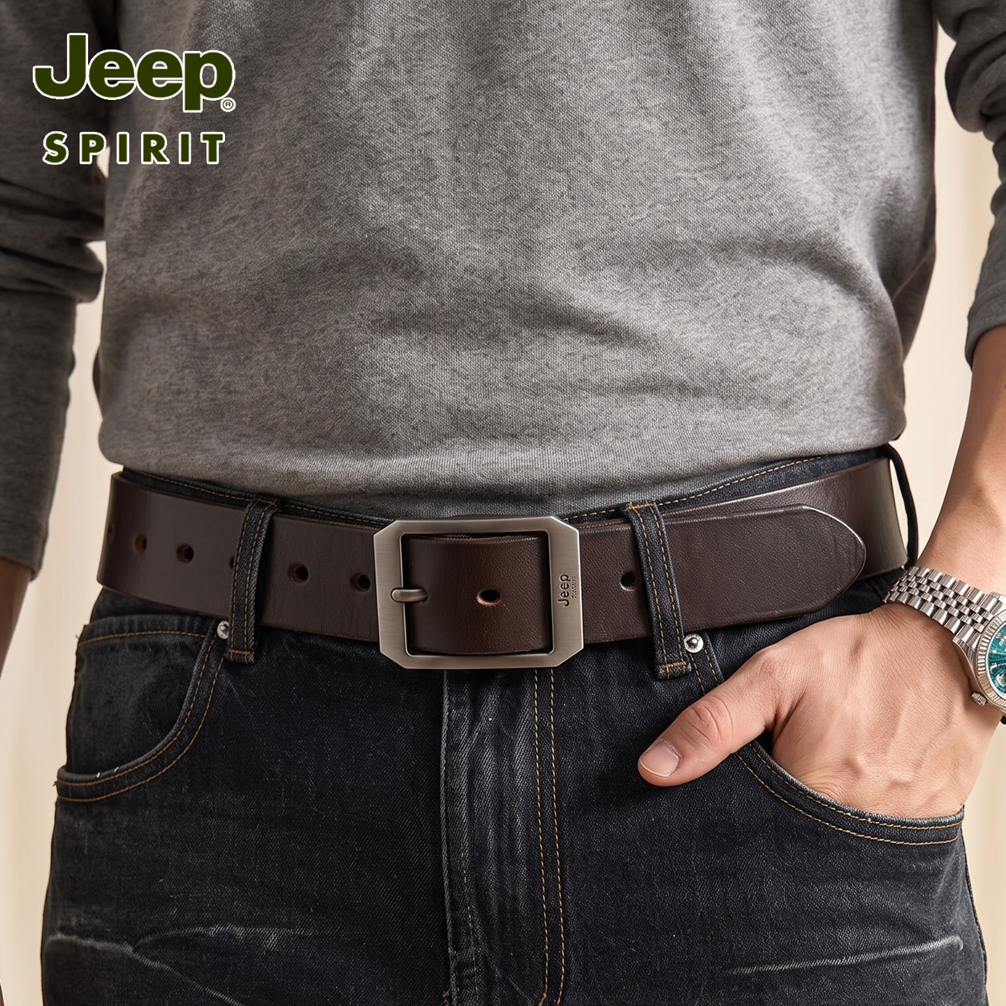 JEEP男士头层牛皮针扣复古腰带