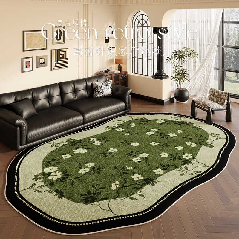 中古客厅地毯覆古风高级感绿色不规则沙发防水抗污毯新款防滑地垫