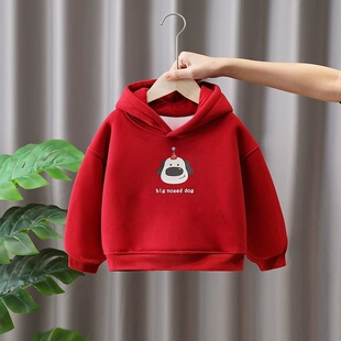 男女童加绒加厚卫衣儿童红色年服秋冬装新款宝宝一体绒连帽套头衫
