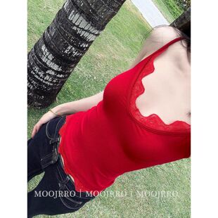 红色蕾丝V领吊带背心女夏季外穿纯欲性感辣妹修身显瘦高级感上衣