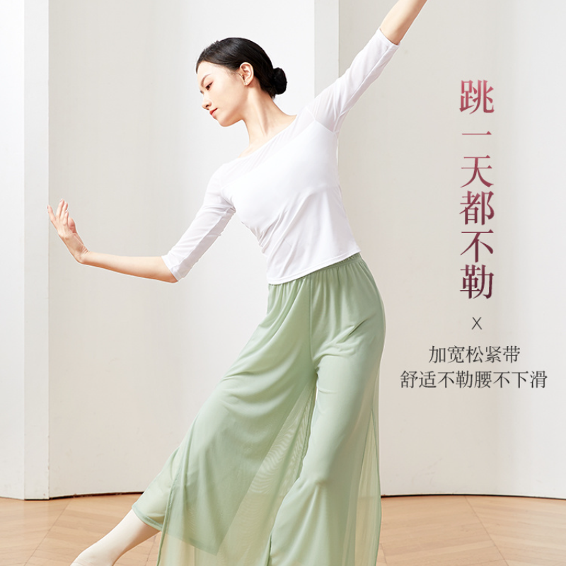 古典舞裤子女夏舞蹈裤练功服裤纱裤中国舞飘逸网纱纯色宽松阔腿裤