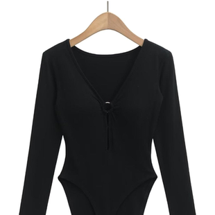 T恤打底衫 内搭外穿修身 潮 连体衣2025女春装 性感辣妹V领镂空长袖