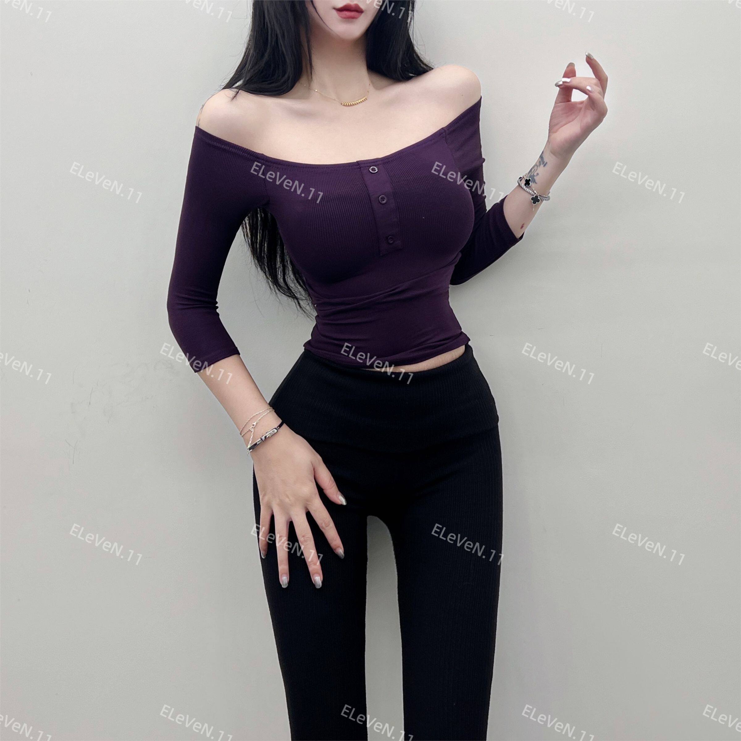 漫画胸纯欲一字肩七分袖t恤女短款百搭性感打底衫上衣2026春季