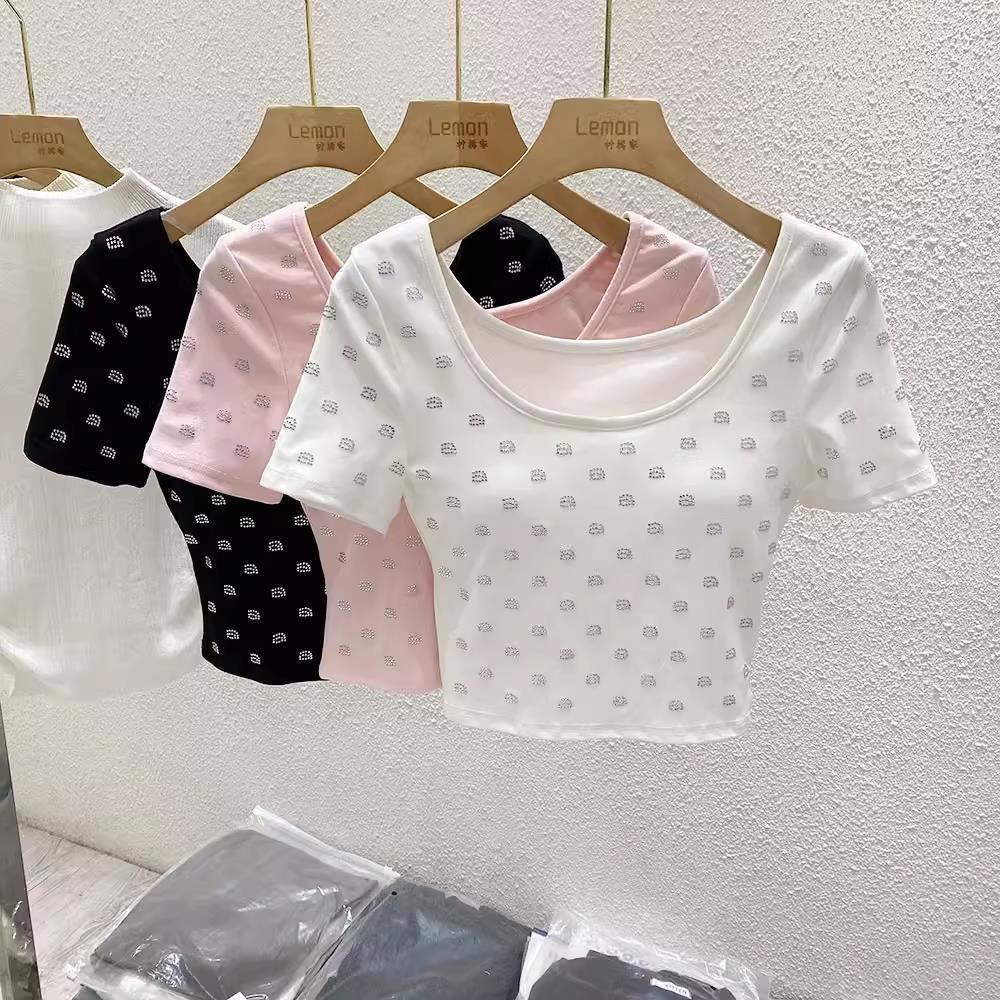 U领短袖T恤女夏季正肩设计感小众辣妹修身高腰短款高级感烫钻上衣