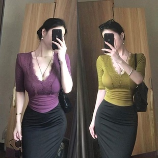 早春纯欲性感轻熟风修身短款打底衫上衣女美式辣妹蕾丝V领中袖T恤