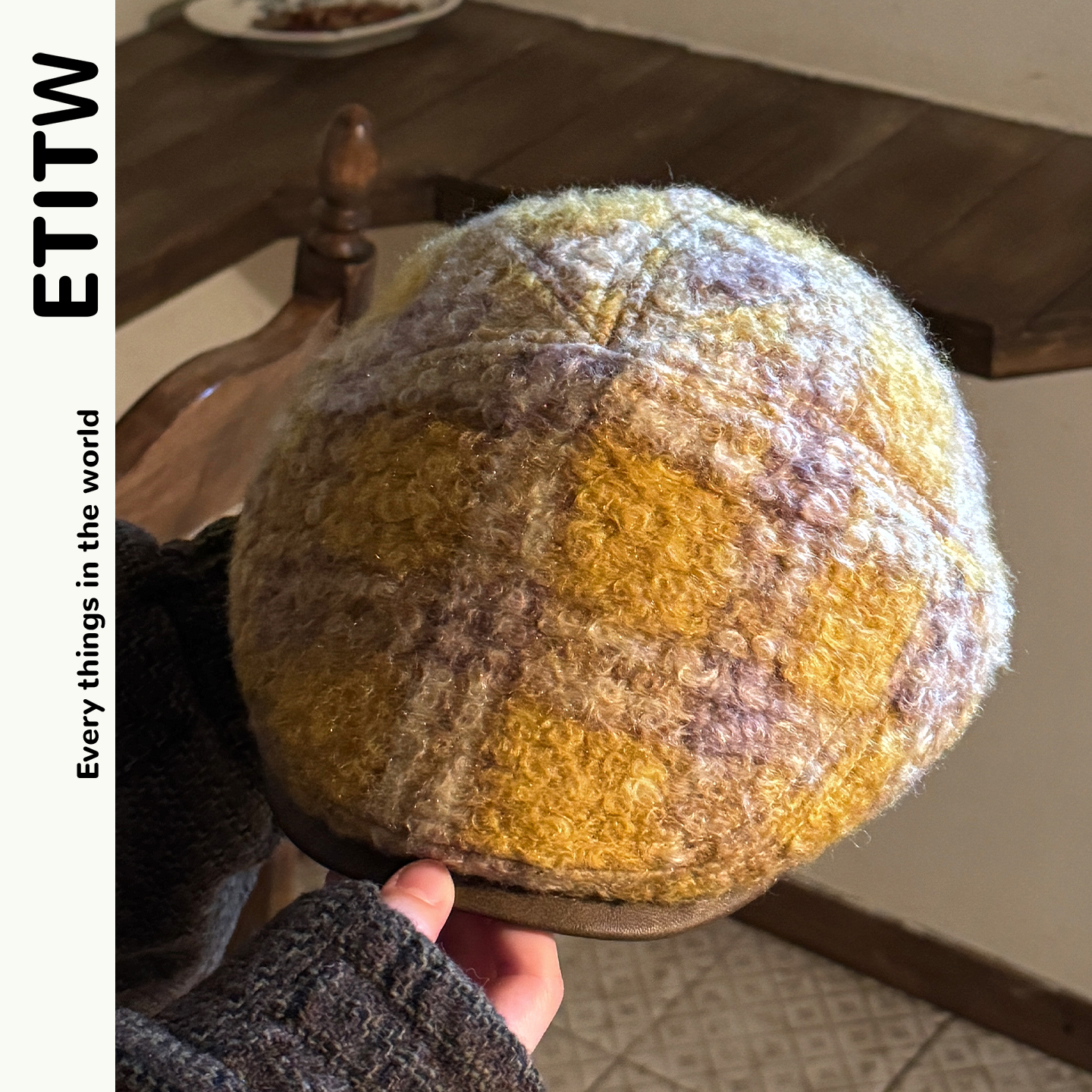 ETITW/复古格纹前进帽秋冬糖果色毛绒厚款鸭舌帽显脸小反戴贝雷帽