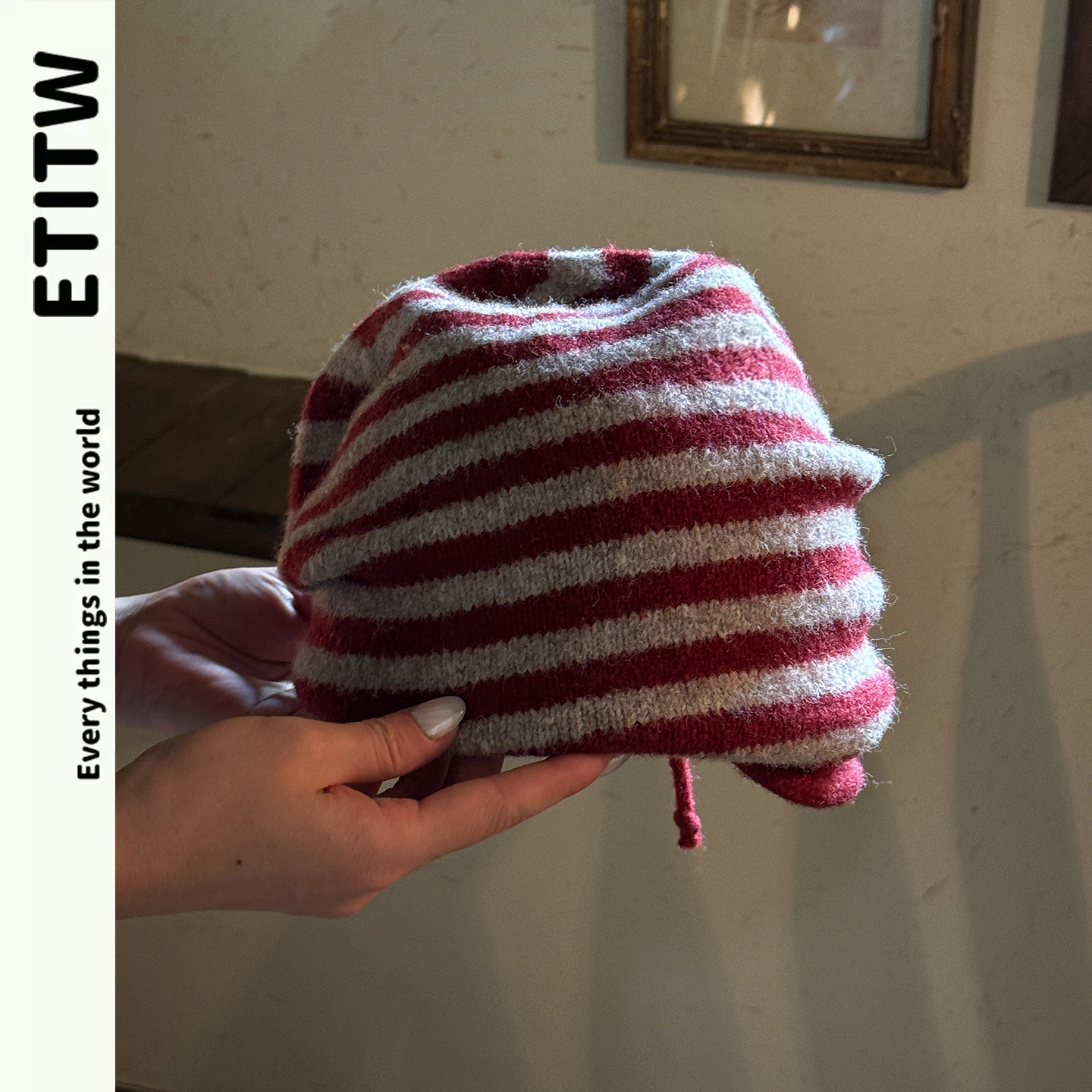ETITW/秋冬条纹卷边日杂冷帽堆堆帽大头围抽绳针织帽护耳防寒帽子