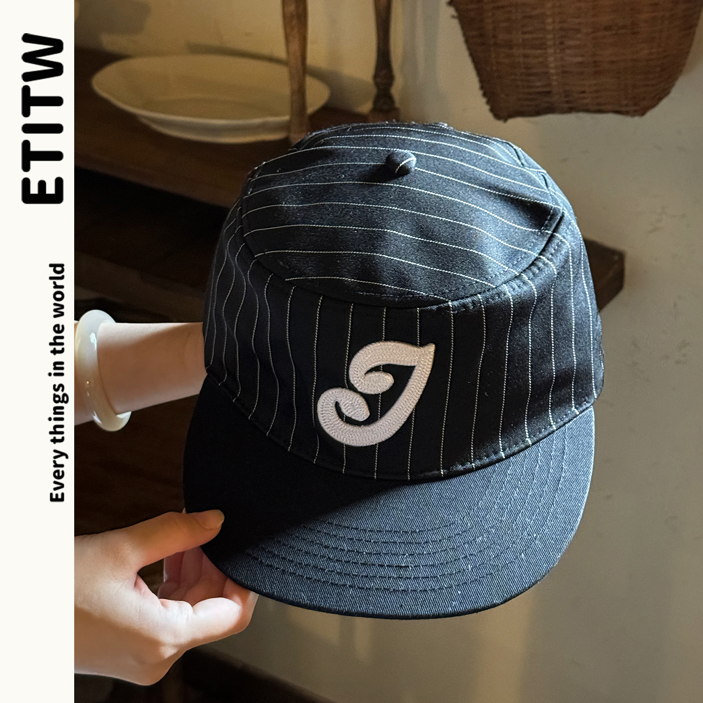 ETITW/帽子美式复古潮流休闲棒球帽男女百搭条纹平檐刺绣鸭舌帽