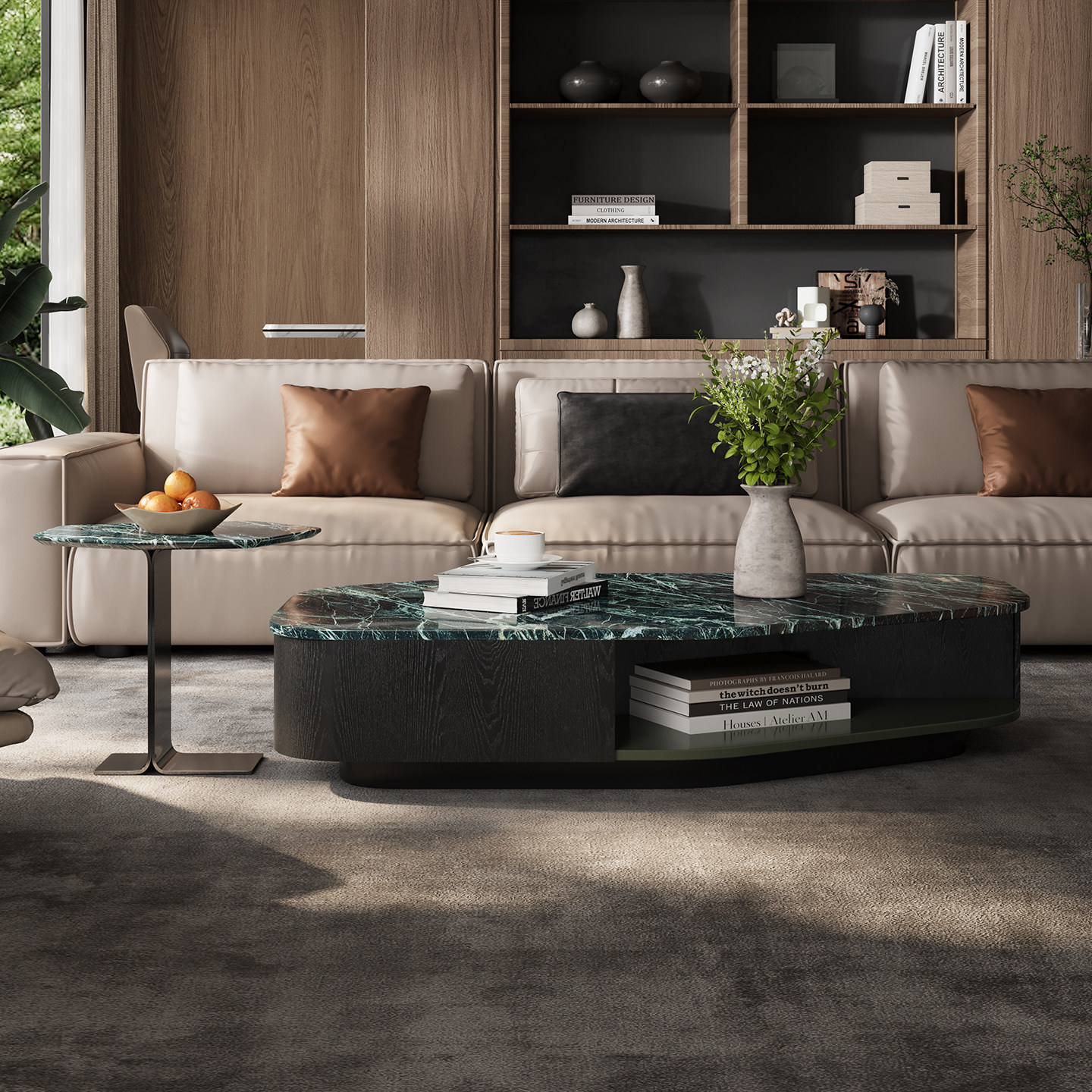 2026新款意式极简开放式储物白蜡木木纹高端大气异形奢石茶几组合