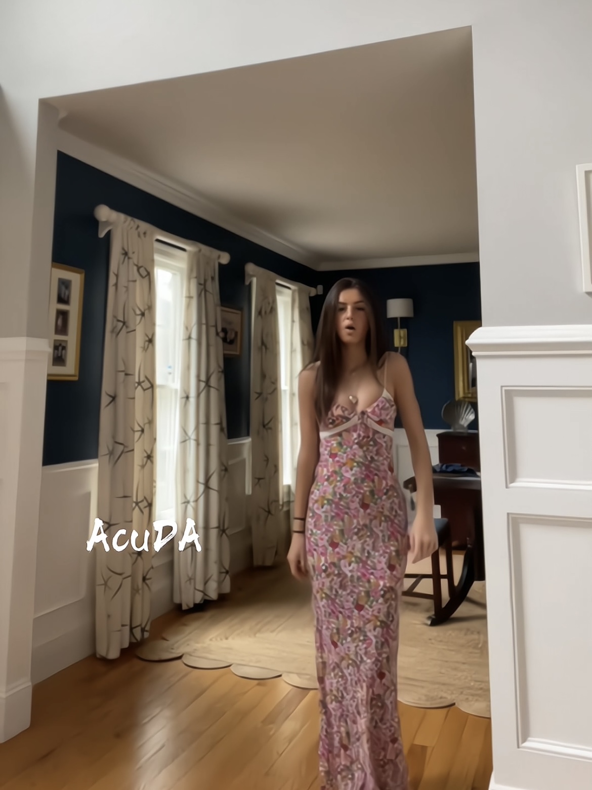 AcuDA夏季辣妹原创新品法式浪漫花朵印花V领蕾丝拼接吊带连衣裙