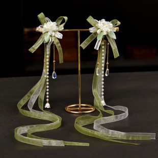 汉服头饰女儿童古装仙气后压发饰女童古风飘带配饰夹子绿色发带