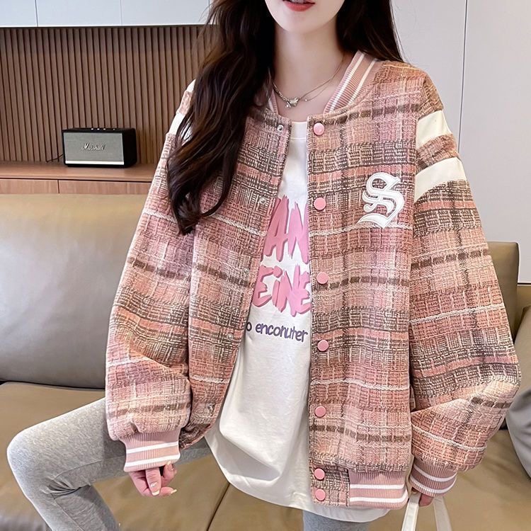 美式格子刺绣外套少女春秋装2026新款初中高中学生宽松夹克棒球服