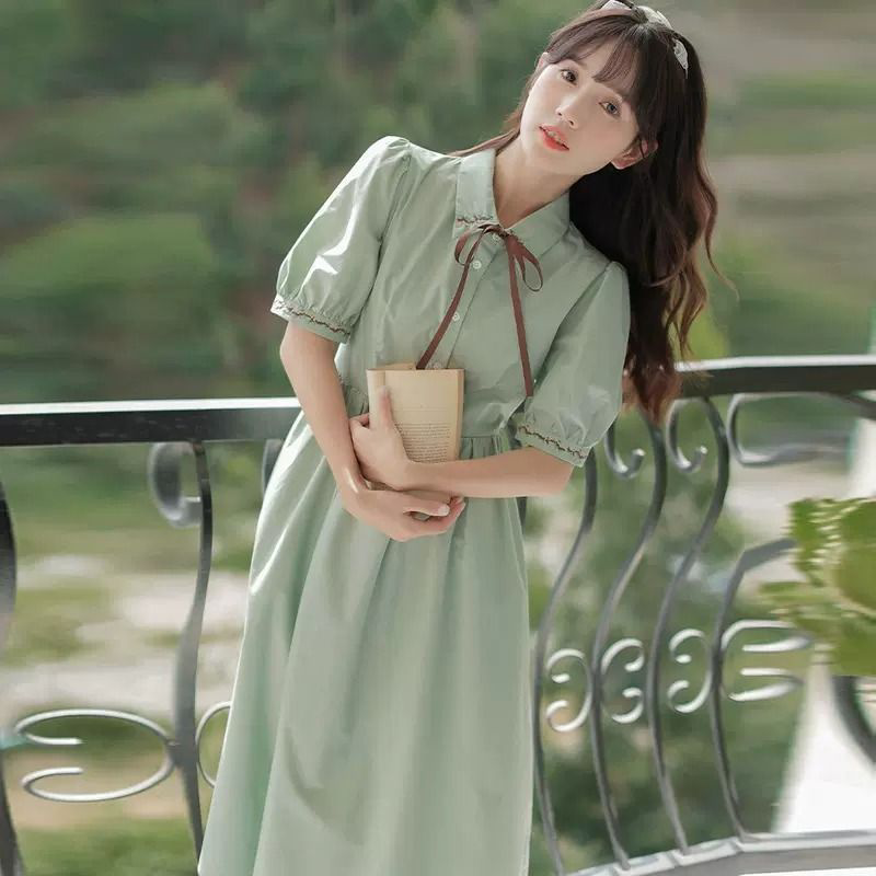 娃娃领夏季少女夏2026新款初中高中学生甜美收腰显瘦休闲长裙子