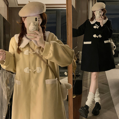 jk制服娃娃领牛角扣毛呢大衣小个子夹棉加厚外套大翻领保暖棉衣潮