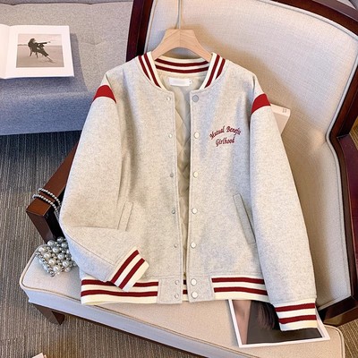 美式刺绣百搭撞色棒球服女秋冬夹棉外套2025新款宽松加厚休闲夹克