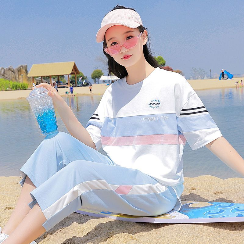 少女夏装套装初中学生韩版宽松短袖T恤大童夏季上衣半袖高中生女