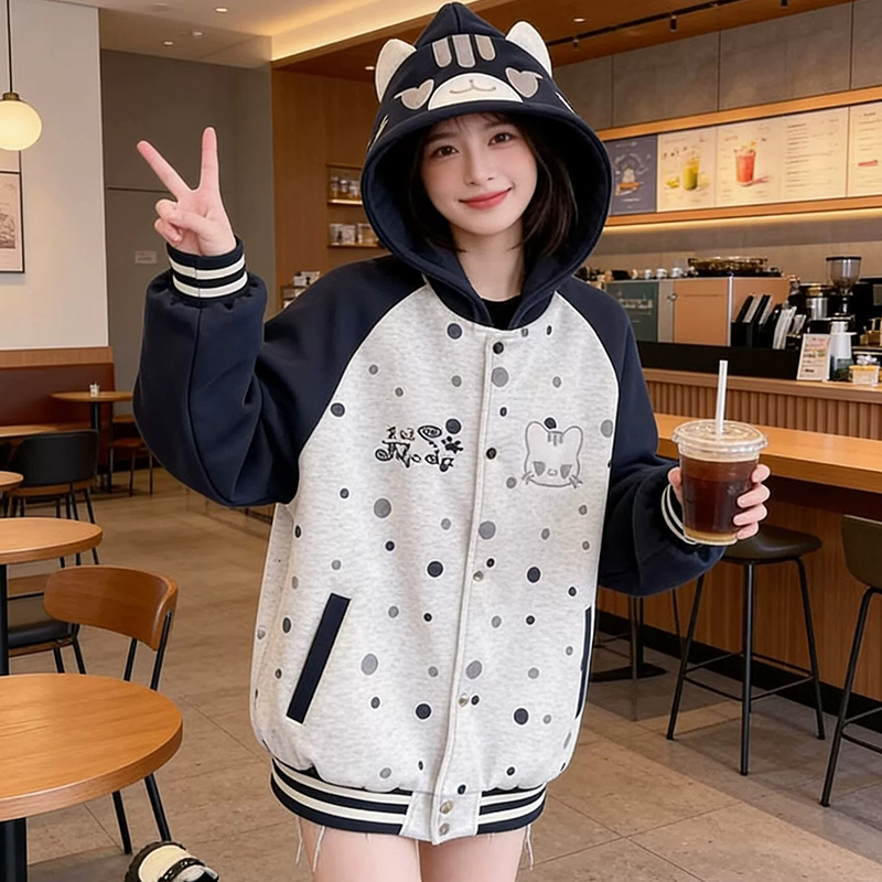 少女学院风刺绣拼色连帽外套春秋季新款初高中学生百搭洋气棒球服