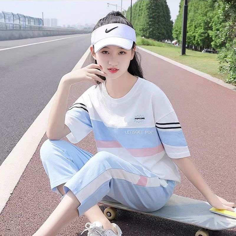 少女夏装套装初中学生韩版宽松短袖T恤大童夏季上衣半袖高中生女