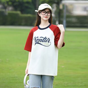 初中女生短袖T恤夏季女宽松高中学生夏装少女拼色休闲半袖上衣t恤