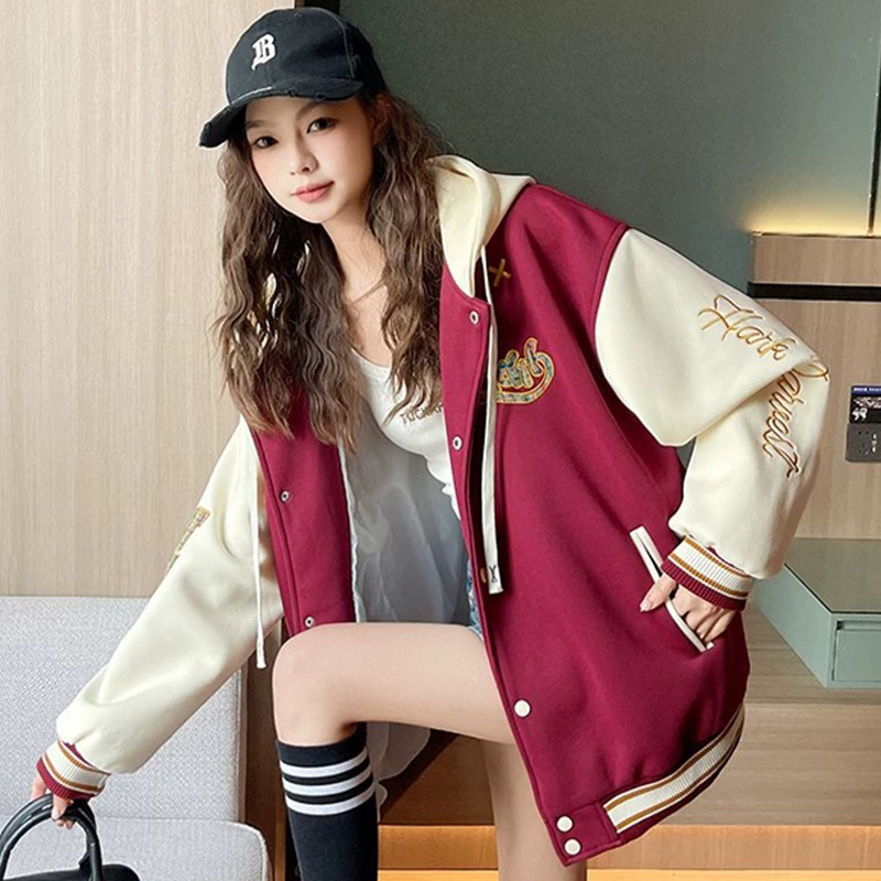 少女拼色连帽棒球服女美式复古刺绣夹克上衣韩版宽松休闲学生外套