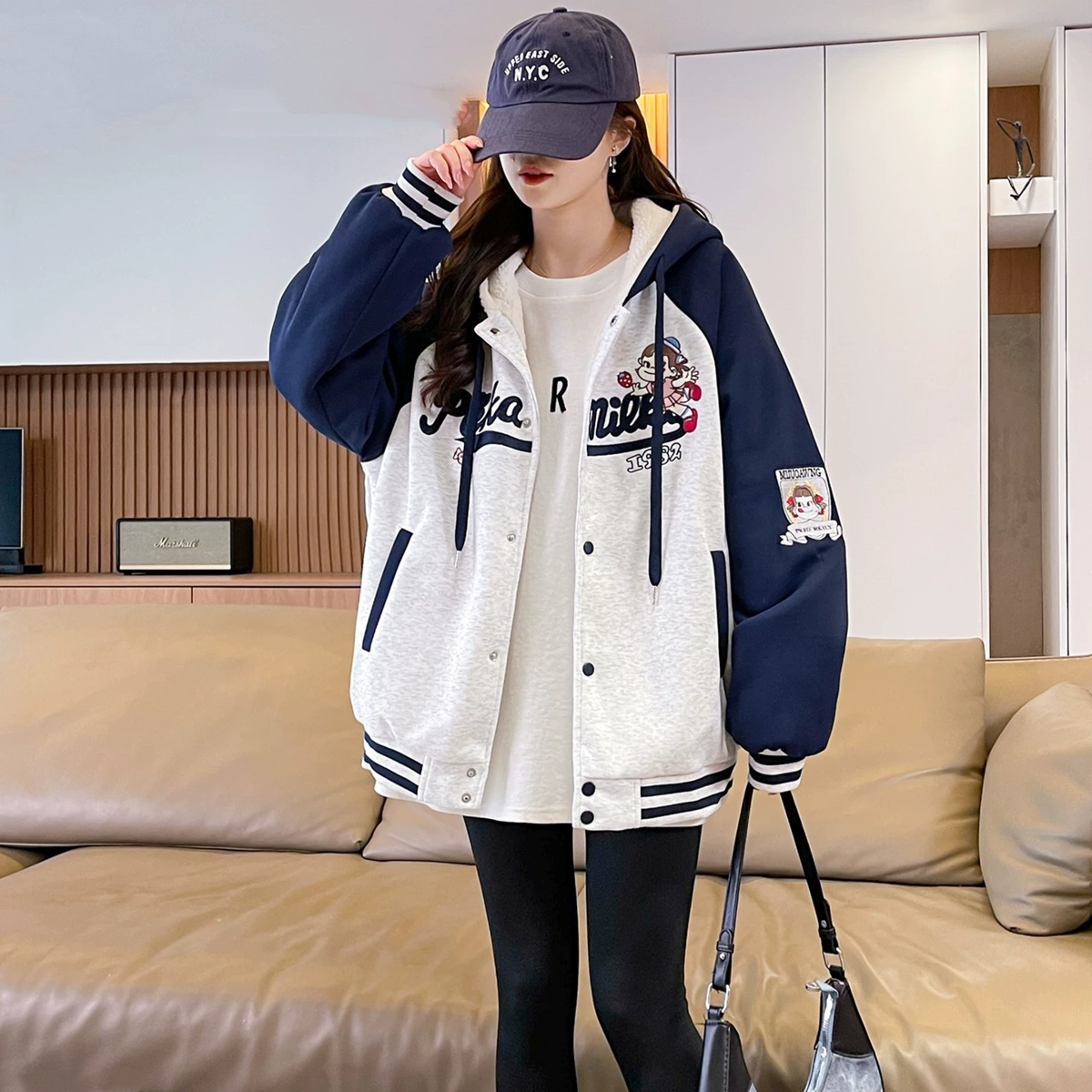 少女甜美刺绣棒球服外套女秋冬加绒加厚棉服宽松休闲百搭连帽棉衣