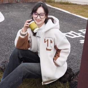 女大童羊羔毛外套加厚连帽刺绣拼接棉服初中学生少女冬装加绒棉衣