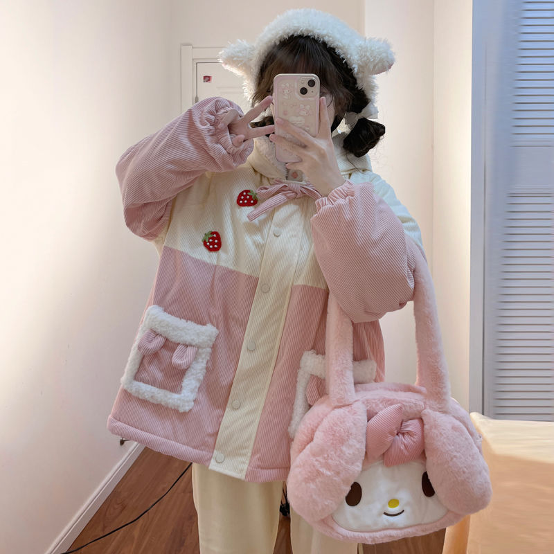原创冬季棉服草莓兔拼接毛绒可爱日系秋冬兔耳朵灯芯绒少女外套