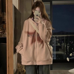 粉色开衫卫衣外套少女春秋装2024新款初中高中学生小个子连帽上衣