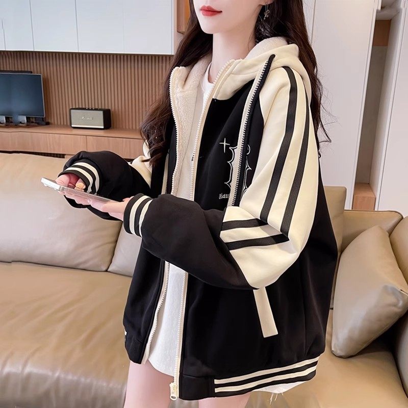 美式棒球服卫衣女春秋连帽2025新款初中学生洋气秋冬加绒加厚外套
